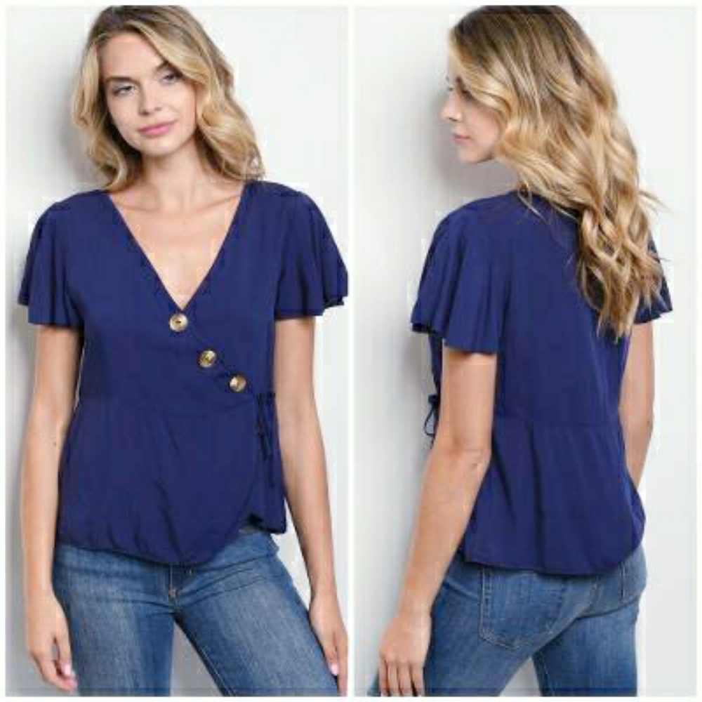 Chic Navy Blue Faux Wrap Short Sleeves Top